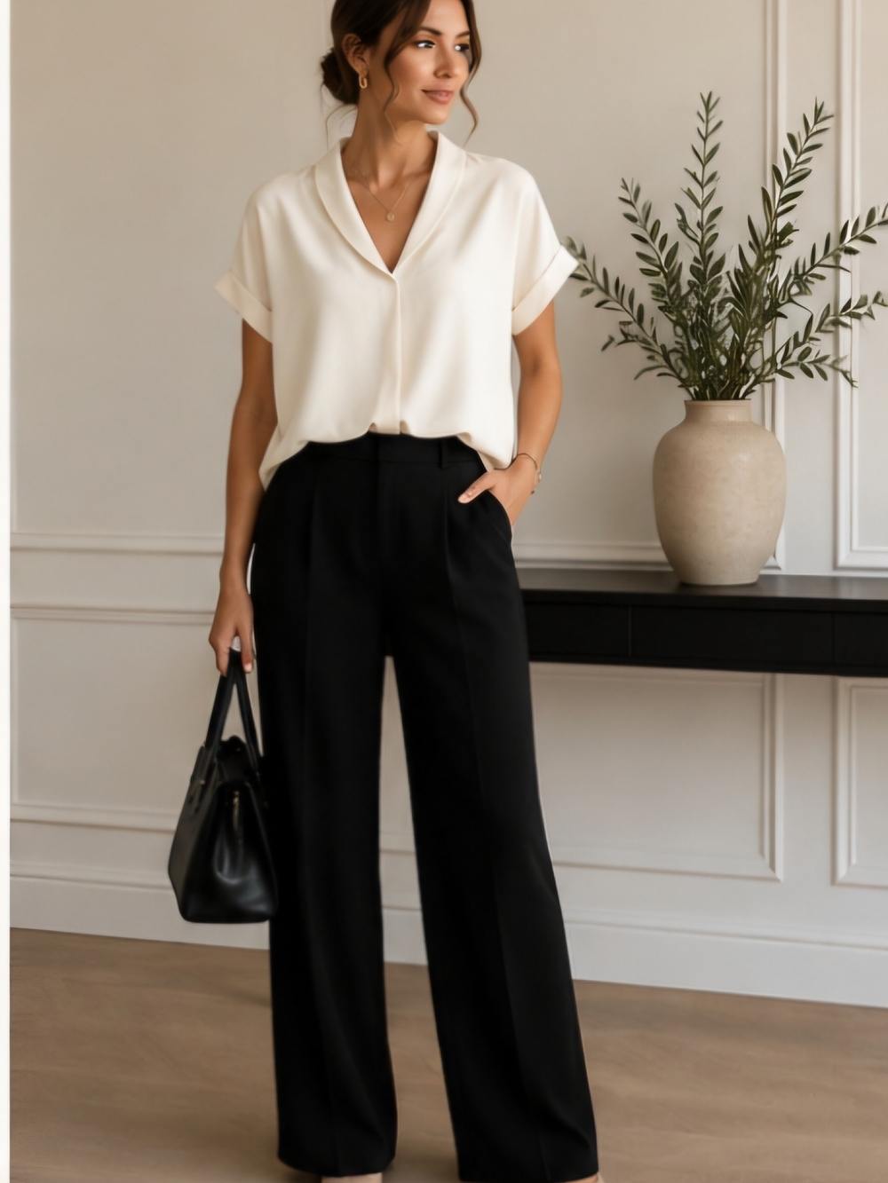 Melloday Ivory Shawl Collar V Neck Blouse Cuffed Sleeve Quiet Luxury L - Picture 2 of 11